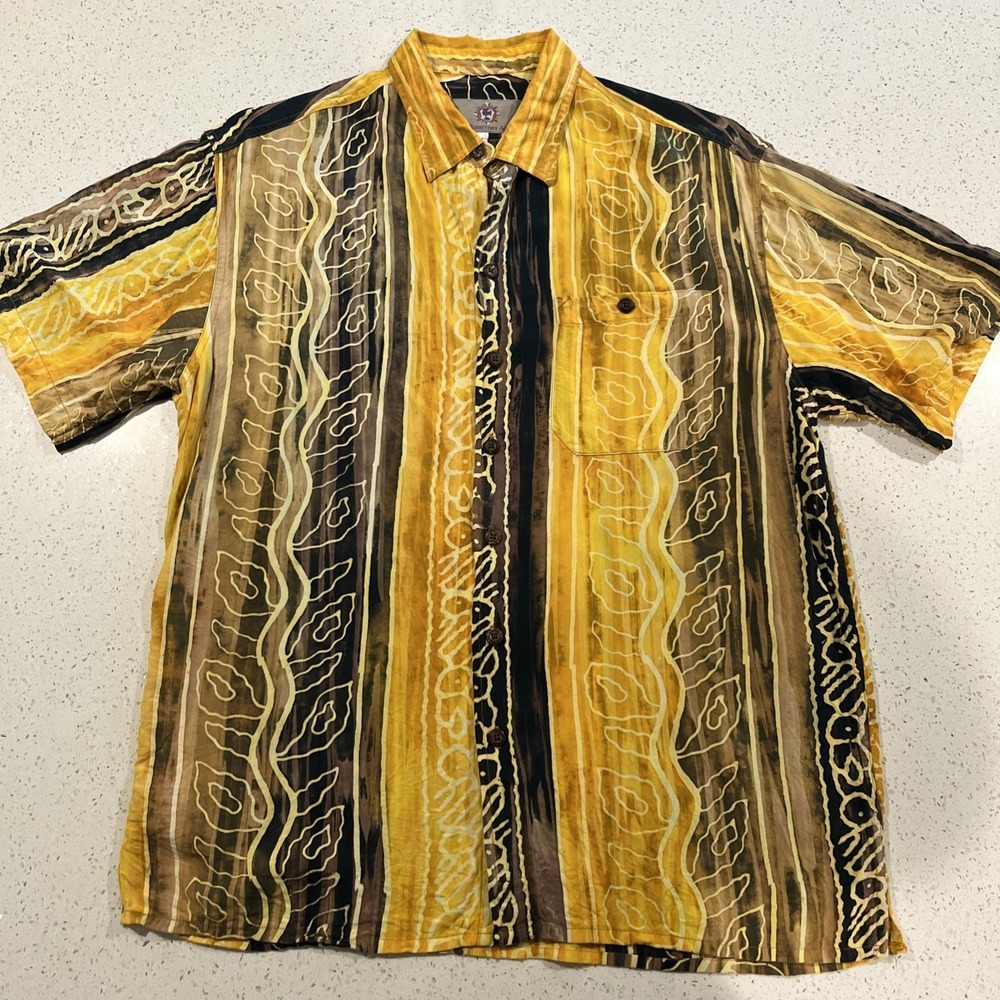 The Territory Ahead Shirt Mens L Black Yellow Aztec Hawaiian Button Up Rayon‎